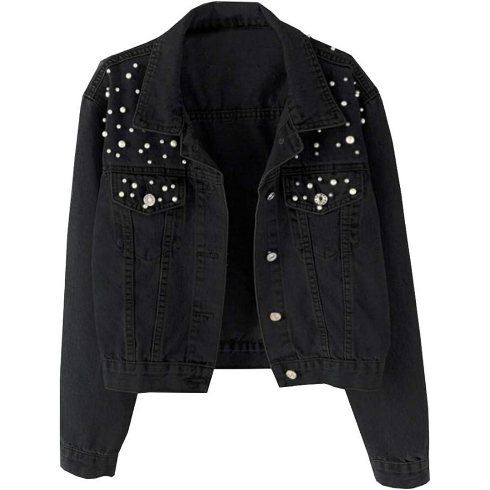 Kedera Women's‎ Oversized Denim Jacket Embroidered Pearls Beading Jeans Coat (S)